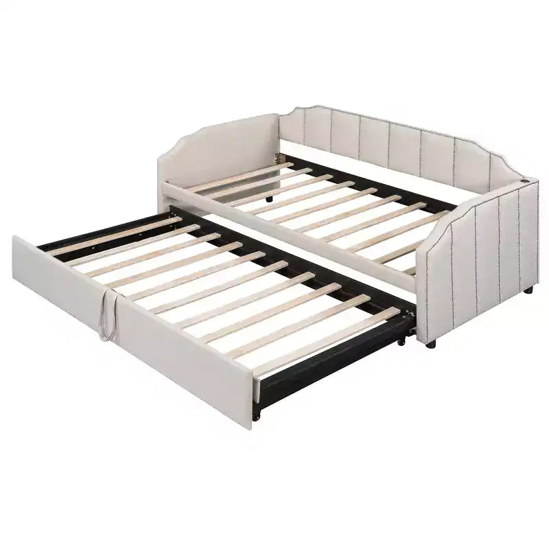 Canapé-lit rembourré ModernLuxe convertible lit simple/king size avec lit gigogne escamotable et ports de chargement USB, tissu en lin, capacité de 180 kg