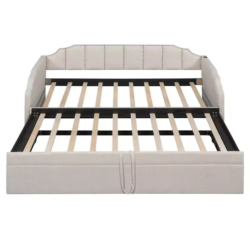 Canapé-lit rembourré ModernLuxe convertible lit simple/king size avec lit gigogne escamotable et ports de chargement USB, tissu en lin, capacité de 180 kg