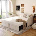 ModernLuxe Twin to King Size Upholstered Daybed with Pop-Up Trundle & USB Charging Ports, Linen Fabric, 400LBS Capacity