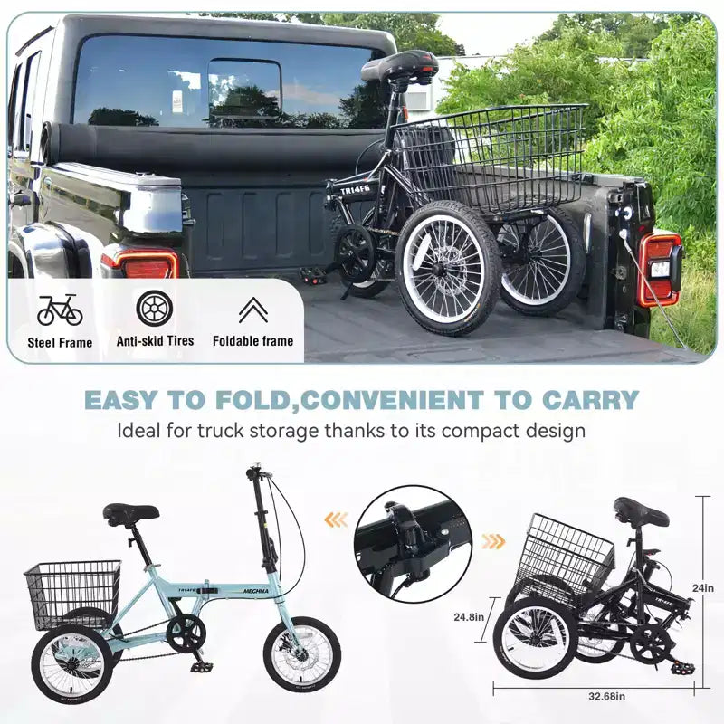Tricycle pliant à 3 roues pour adultes NAYSAYE avec panier, cadre en acier pliable et grande capacité de charge, bleu clair, 53.54*23.23*39.49