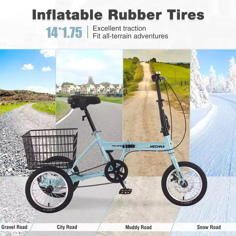 Tricycle pliant à 3 roues pour adultes NAYSAYE avec panier, cadre en acier pliable et grande capacité de charge, bleu clair, 53.54*23.23*39.49