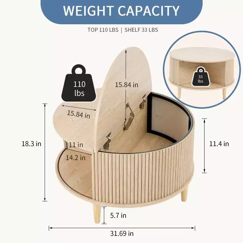 Table basse ronde JIONJOY avec plateau relevable et rangement, table d'appoint moderne de style rustique en bois naturel pour salon, petits espaces