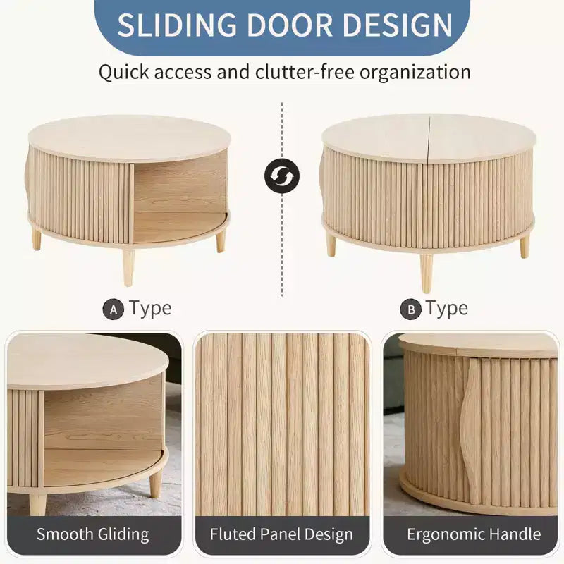 Table basse ronde JIONJOY avec plateau relevable et rangement, table d'appoint moderne de style rustique en bois naturel pour salon, petits espaces