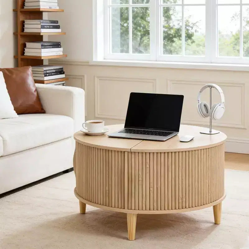 Table basse ronde JIONJOY avec plateau relevable et rangement, table d'appoint moderne de style rustique en bois naturel pour salon, petits espaces