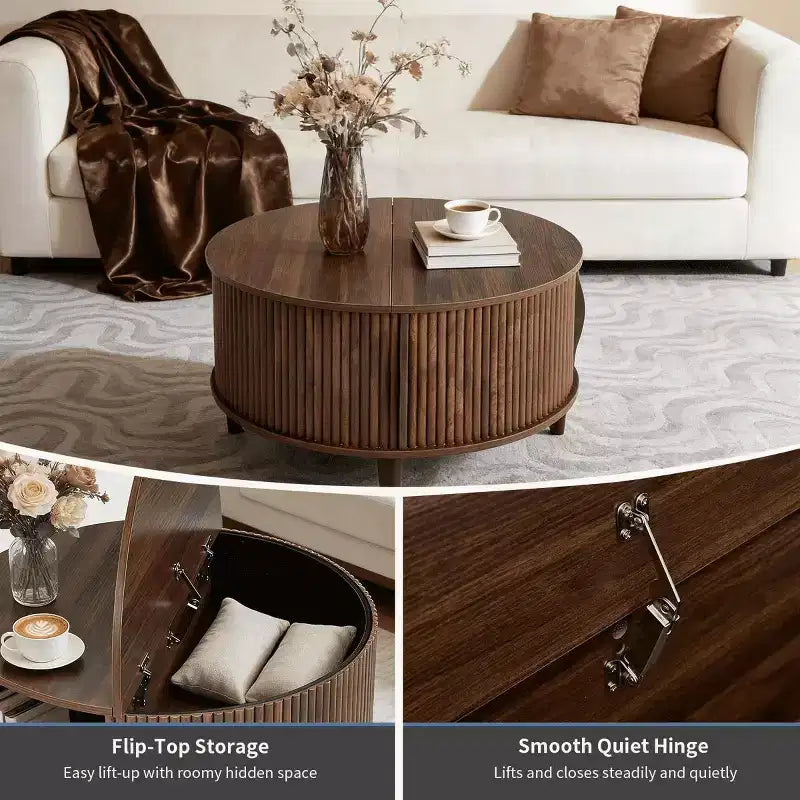 Table basse ronde JIONJOY avec plateau relevable et rangement, table d'appoint moderne de style rustique en bois naturel pour salon, petits espaces