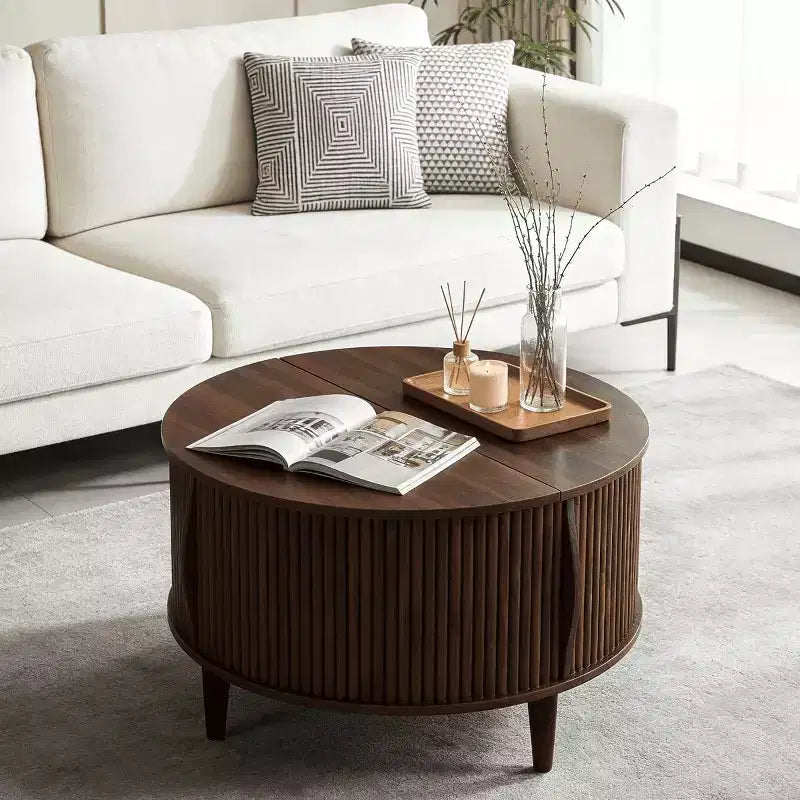 Table basse ronde JIONJOY avec plateau relevable et rangement, table d'appoint moderne de style rustique en bois naturel pour salon, petits espaces
