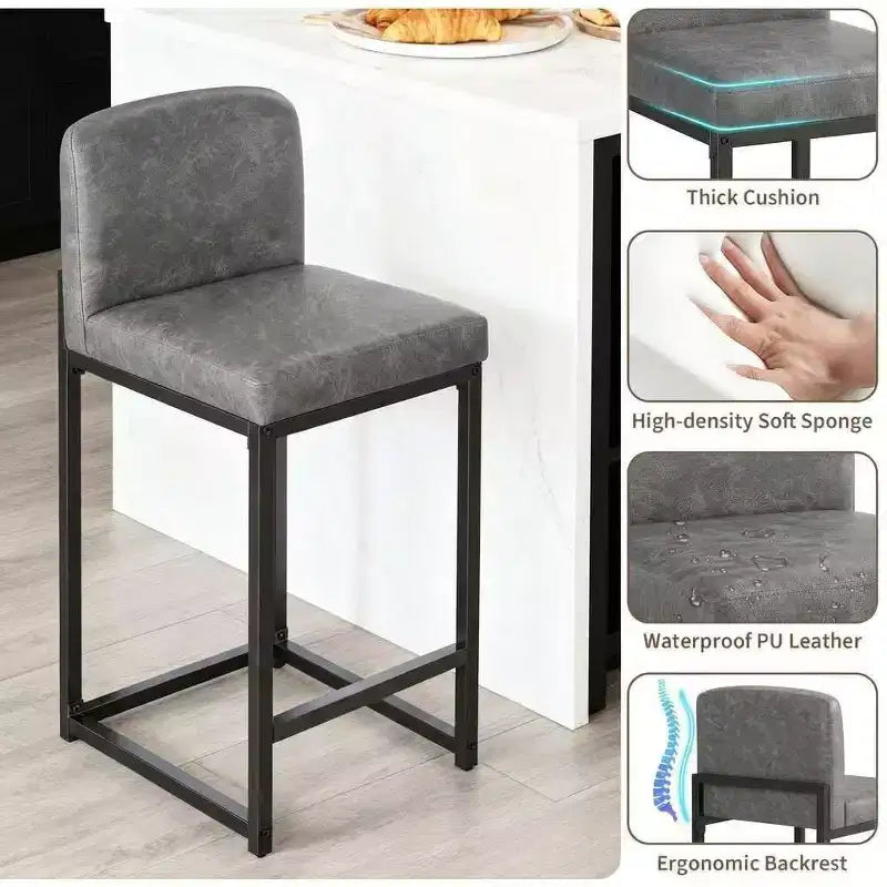 Lot de 2 tabourets de bar modernes en similicuir, hauteur comptoir avec dossier ergonomique et repose-pieds stable pour îlot de cuisine et pub