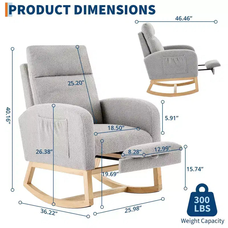 Fauteuil à bascule de puériculture avec repose-pieds et pochette latérale, fauteuil inclinable et coulissant en tissu confortable avec pieds en bois massif pour maman et bébé