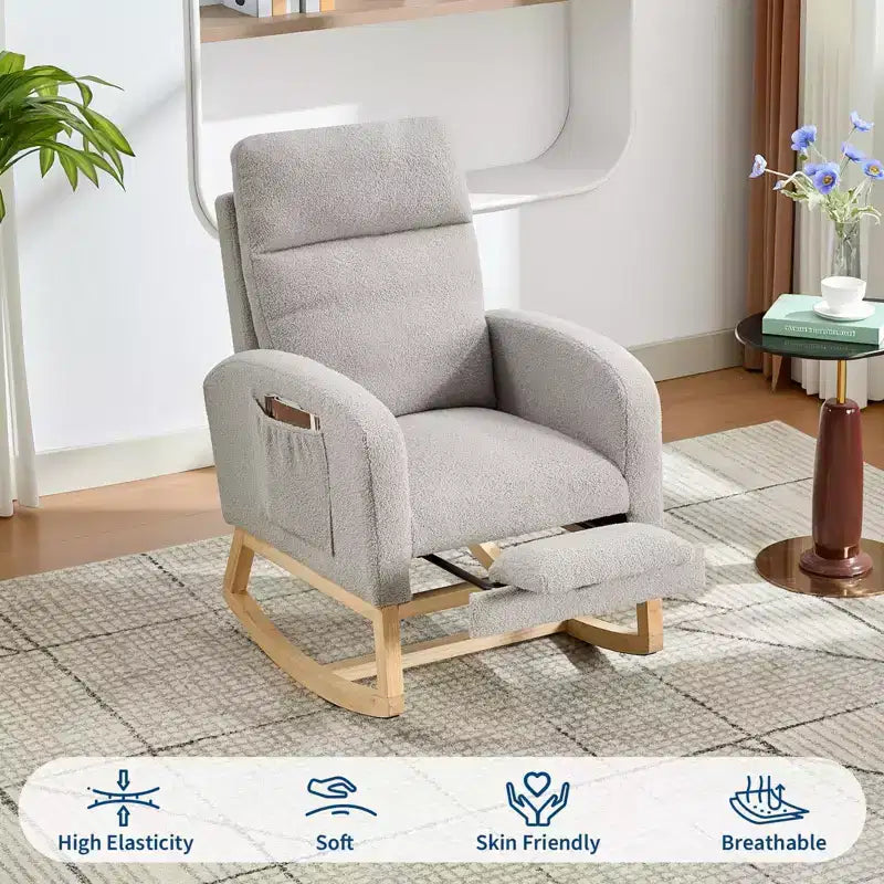 Fauteuil à bascule de puériculture avec repose-pieds et pochette latérale, fauteuil inclinable et coulissant en tissu confortable avec pieds en bois massif pour maman et bébé