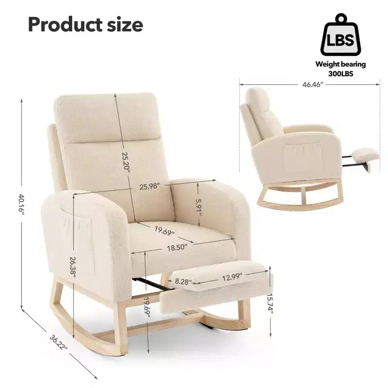 Fauteuil à bascule de puériculture avec repose-pieds et pochette latérale, fauteuil inclinable et coulissant en tissu confortable avec pieds en bois massif pour maman et bébé