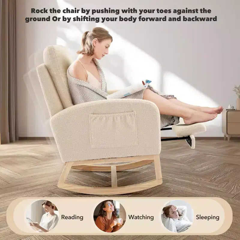 Fauteuil à bascule de puériculture avec repose-pieds et pochette latérale, fauteuil inclinable et coulissant en tissu confortable avec pieds en bois massif pour maman et bébé