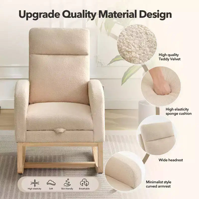 Fauteuil à bascule de puériculture avec repose-pieds et pochette latérale, fauteuil inclinable et coulissant en tissu confortable avec pieds en bois massif pour maman et bébé