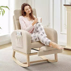 Fauteuil à bascule de puériculture avec repose-pieds et pochette latérale, fauteuil inclinable et coulissant en tissu confortable avec pieds en bois massif pour maman et bébé