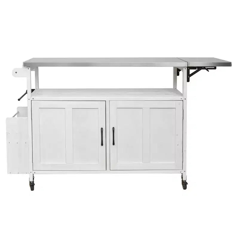sumyeg Foldable Outdoor Kitchen Island Cart with Stainless Steel Top, Fir Wood Prep Station with Adjustable Shelf, Lockable Wheels, White