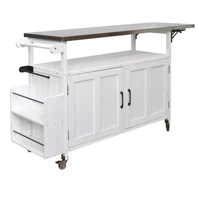 sumyeg Desserte d'extérieur pliable avec plateau en acier inoxydable, station de préparation en bois de sapin avec étagère réglable, roues verrouillables, blanc