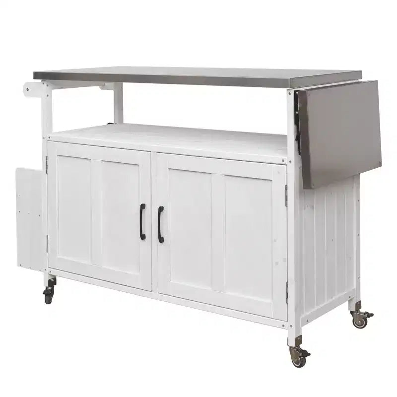 sumyeg Desserte d'extérieur pliable avec plateau en acier inoxydable, station de préparation en bois de sapin avec étagère réglable, roues verrouillables, blanc