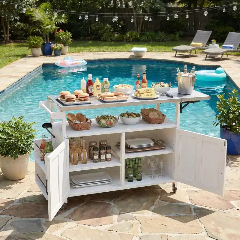 sumyeg Desserte d'extérieur pliable avec plateau en acier inoxydable, station de préparation en bois de sapin avec étagère réglable, roues verrouillables, blanc