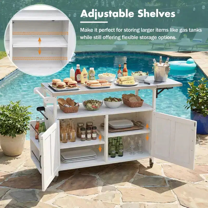 sumyeg Desserte d'extérieur pliable avec plateau en acier inoxydable, station de préparation en bois de sapin avec étagère réglable, roues verrouillables, blanc