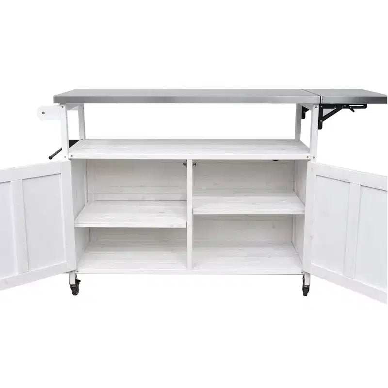 sumyeg Desserte d'extérieur pliable avec plateau en acier inoxydable, station de préparation en bois de sapin avec étagère réglable, roues verrouillables, blanc