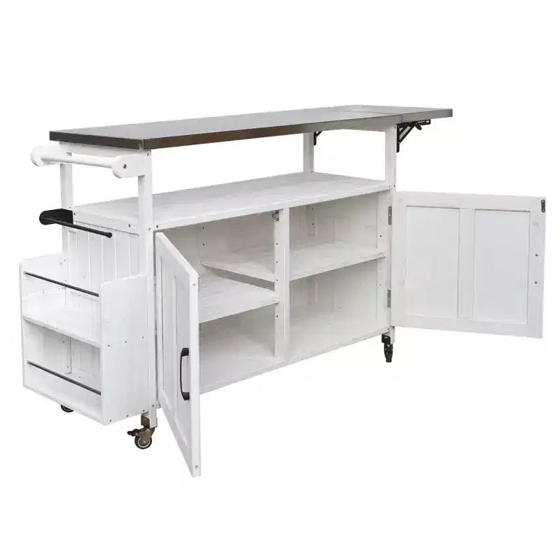 sumyeg Desserte d'extérieur pliable avec plateau en acier inoxydable, station de préparation en bois de sapin avec étagère réglable, roues verrouillables, blanc