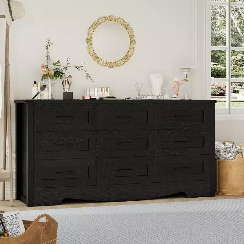 Commode 59 po de large à 9 tiroirs, commode de chambre en bois de style Mid-Century Modern Farmhouse, meuble de rangement robuste avec dispositif anti-basculement