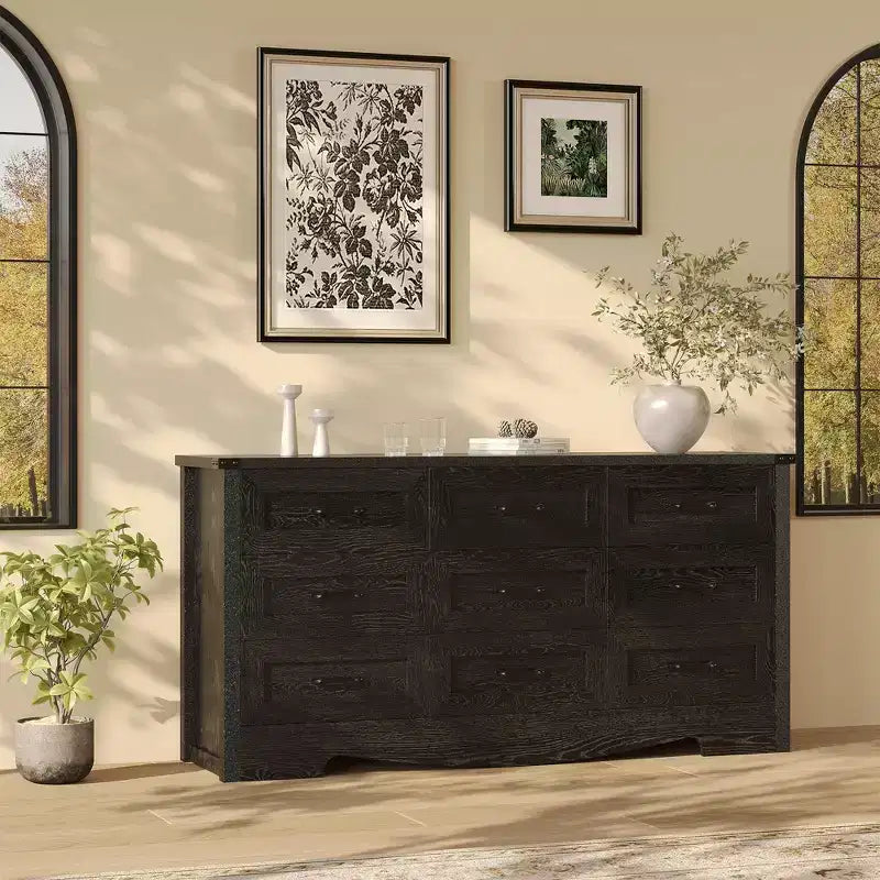 Commode 59 po de large à 9 tiroirs, commode de chambre en bois de style Mid-Century Modern Farmhouse, meuble de rangement robuste avec dispositif anti-basculement