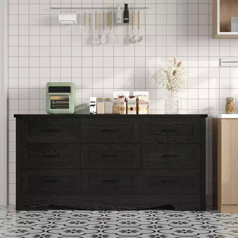 Commode 59 po de large à 9 tiroirs, commode de chambre en bois de style Mid-Century Modern Farmhouse, meuble de rangement robuste avec dispositif anti-basculement