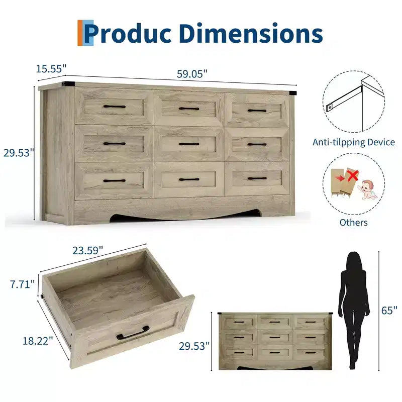 Commode 59 po de large à 9 tiroirs, commode de chambre en bois de style Mid-Century Modern Farmhouse, meuble de rangement robuste avec dispositif anti-basculement