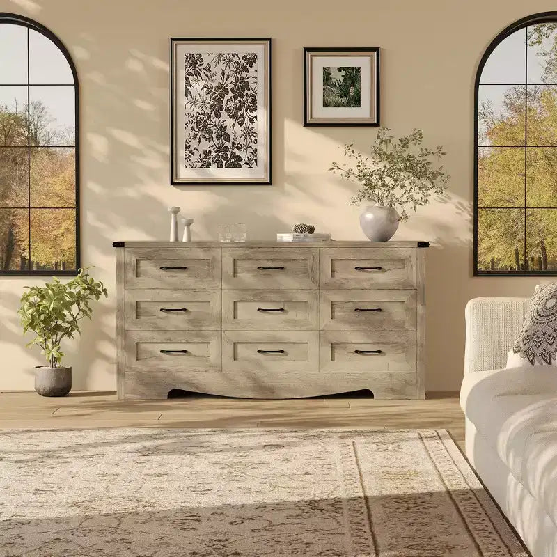 Commode 59 po de large à 9 tiroirs, commode de chambre en bois de style Mid-Century Modern Farmhouse, meuble de rangement robuste avec dispositif anti-basculement