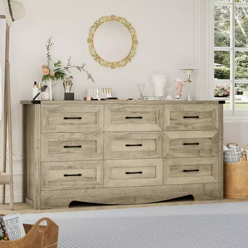 Commode 59 po de large à 9 tiroirs, commode de chambre en bois de style Mid-Century Modern Farmhouse, meuble de rangement robuste avec dispositif anti-basculement