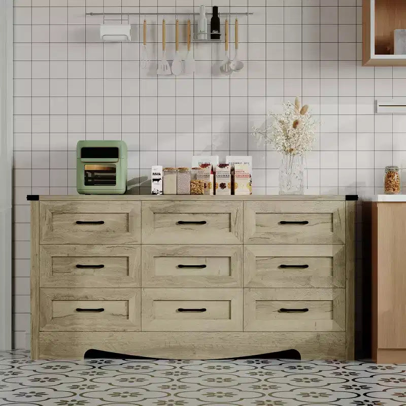 Commode 59 po de large à 9 tiroirs, commode de chambre en bois de style Mid-Century Modern Farmhouse, meuble de rangement robuste avec dispositif anti-basculement