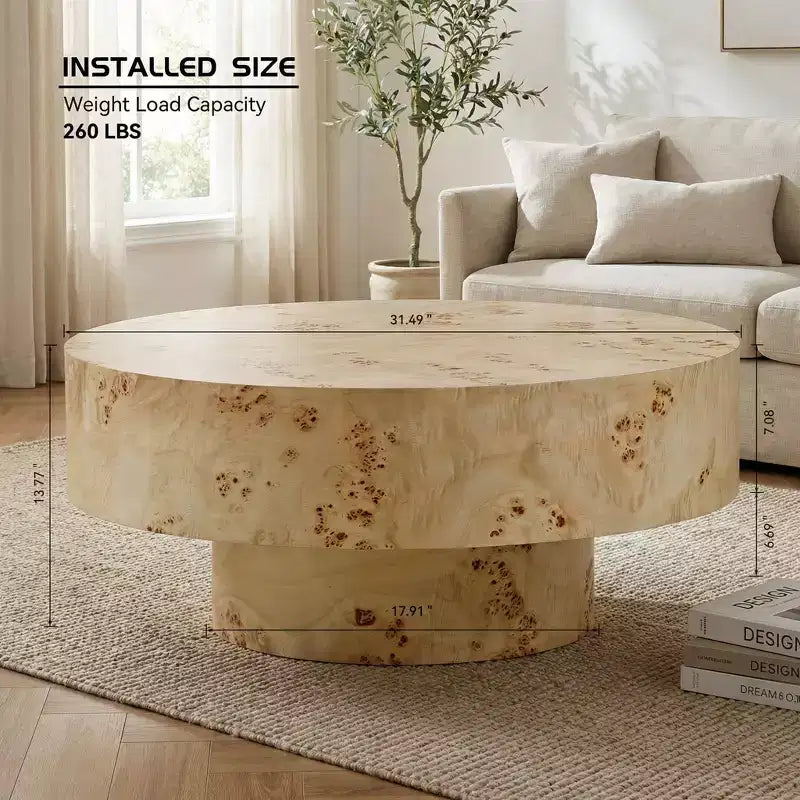 JVNOXK Table basse ronde moderne du milieu du siècle de 80 cm en bois avec placage de loupe et piédestal robuste pour salon, bureau, appartement