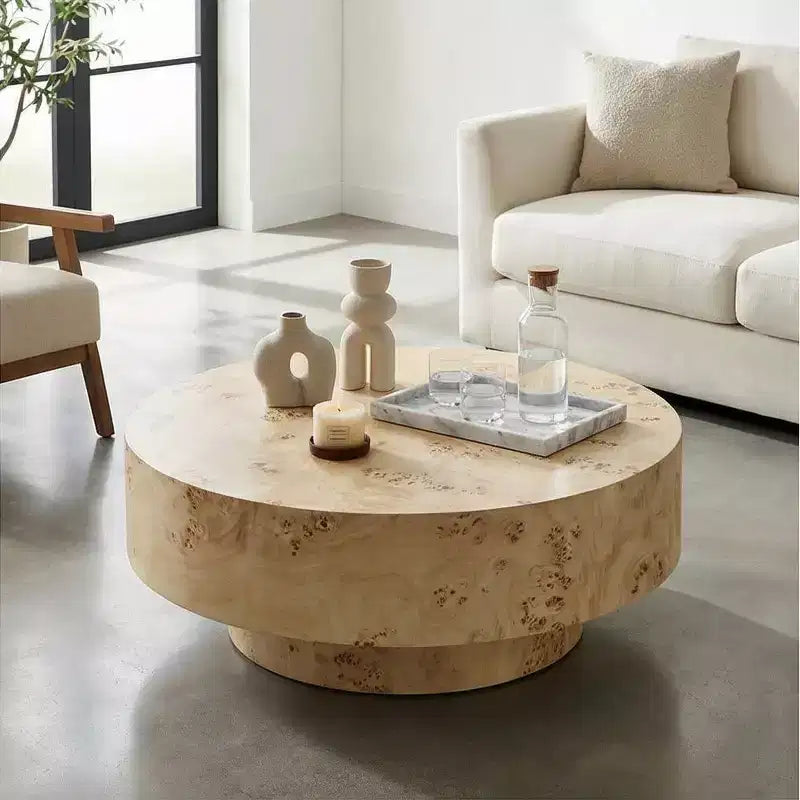 JVNOXK Table basse ronde moderne du milieu du siècle de 80 cm en bois avec placage de loupe et piédestal robuste pour salon, bureau, appartement