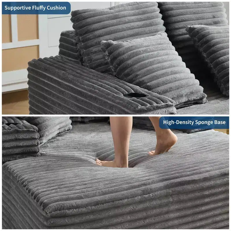 Chauffeuse moderne en velours côtelé de 152 cm avec ports USB et porte-gobelets, canapé inclinable avec coussins pour salon, appartement et bureau
