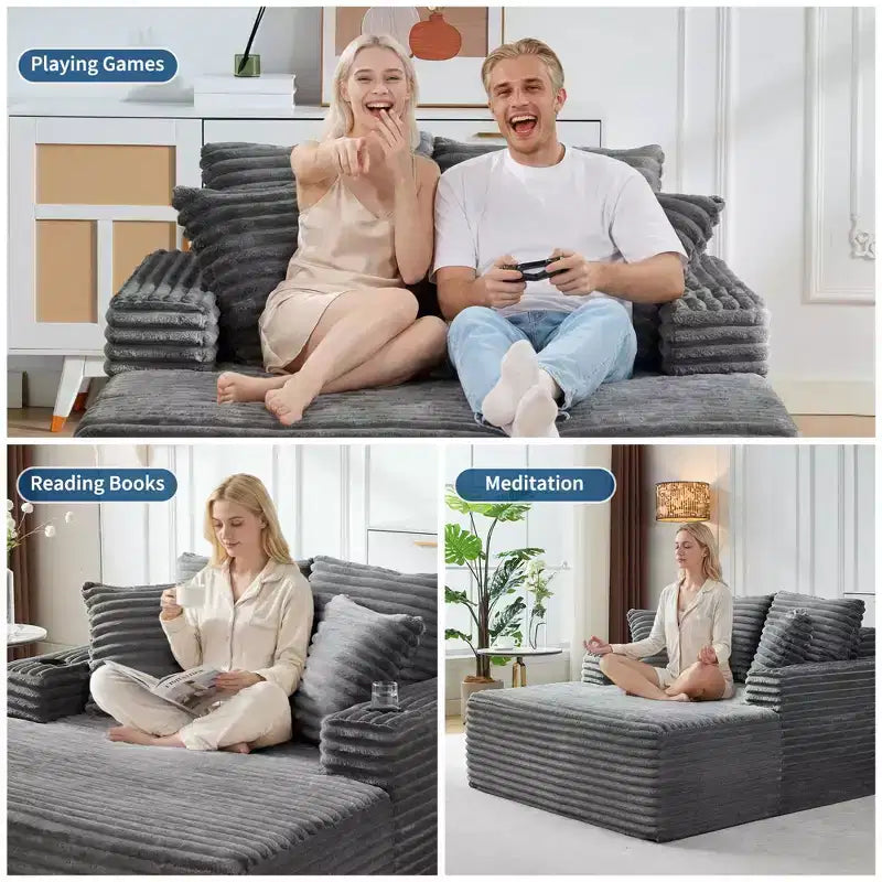 Chauffeuse moderne en velours côtelé de 152 cm avec ports USB et porte-gobelets, canapé inclinable avec coussins pour salon, appartement et bureau