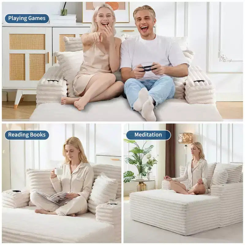 Chauffeuse moderne en velours côtelé de 152 cm avec ports USB et porte-gobelets, canapé inclinable avec coussins pour salon, appartement et bureau
