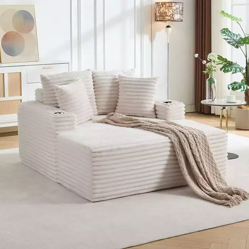 Chauffeuse moderne en velours côtelé de 152 cm avec ports USB et porte-gobelets, canapé inclinable avec coussins pour salon, appartement et bureau