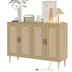 Boho Rattan Sideboard Buffet Cabinet with Power Outlet, 4 Door Storage Console Table with Adjustable Shelves for Entryway,Hallway, Dining Living Room