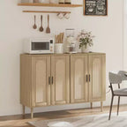 Buffet console en rotin bohème avec prise de courant, meuble de rangement à 4 portes avec étagères réglables pour entrée, couloir, salle à manger, salon
