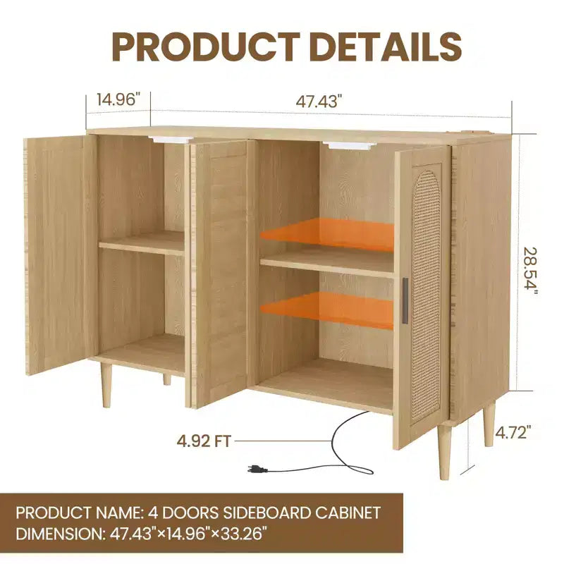 Buffet console en rotin bohème avec prise de courant, meuble de rangement à 4 portes avec étagères réglables pour entrée, couloir, salle à manger, salon