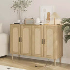 Buffet console en rotin bohème avec prise de courant, meuble de rangement à 4 portes avec étagères réglables pour entrée, couloir, salle à manger, salon