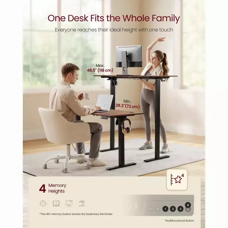 VASAGLE Bureau debout électrique, bureau à hauteur réglable, rappel de sédentarité, 4 hauteurs mémorisables, pour bureau à domicile, 140 x 70 cm