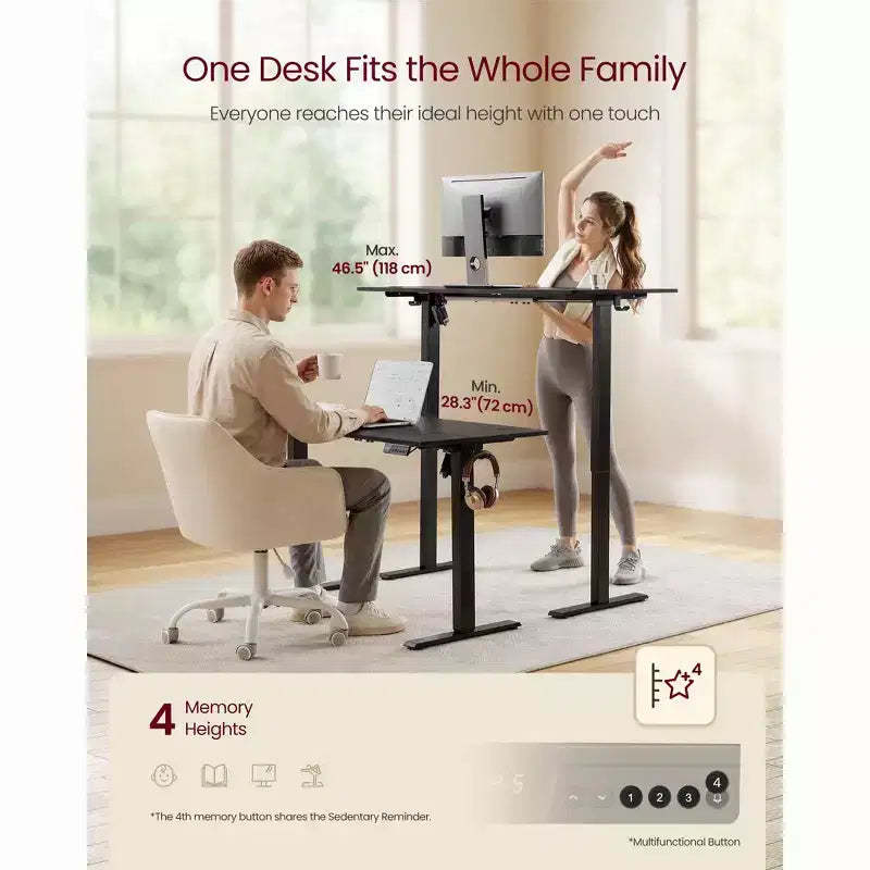 VASAGLE Bureau debout électrique, bureau à hauteur réglable, rappel de sédentarité, 4 hauteurs mémorisables, pour bureau à domicile, 140 x 70 cm