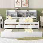 FAMYYT Twin Size Wooden Captain Bed?With Built-in Bookshelves, Three Storage Drawers and Trundle, Easy Assembly
