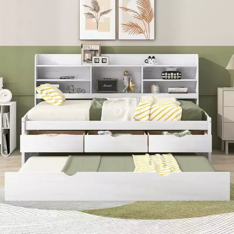 FAMYYT Twin Size Wooden Captain Bed?With Built-in Bookshelves, Three Storage Drawers and Trundle, Easy Assembly