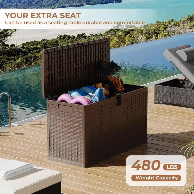 Boîte de rangement de terrasse en résine Acekool étanche de 378 litres avec serrure pour coussins, outils de jardin, accessoires de piscine, marron