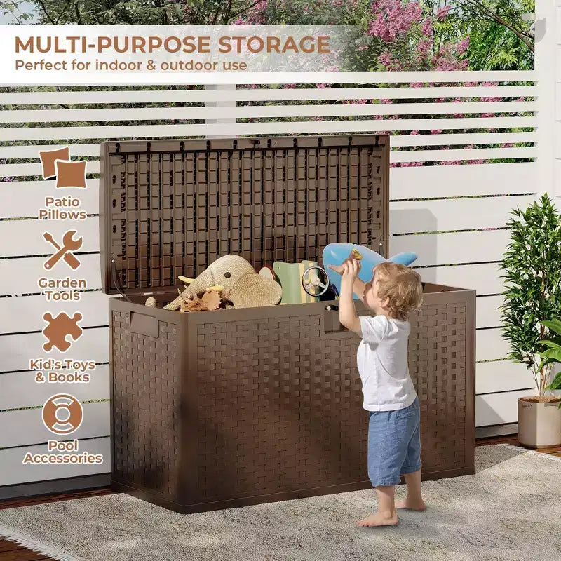 Boîte de rangement de terrasse en résine Acekool étanche de 378 litres avec serrure pour coussins, outils de jardin, accessoires de piscine, marron