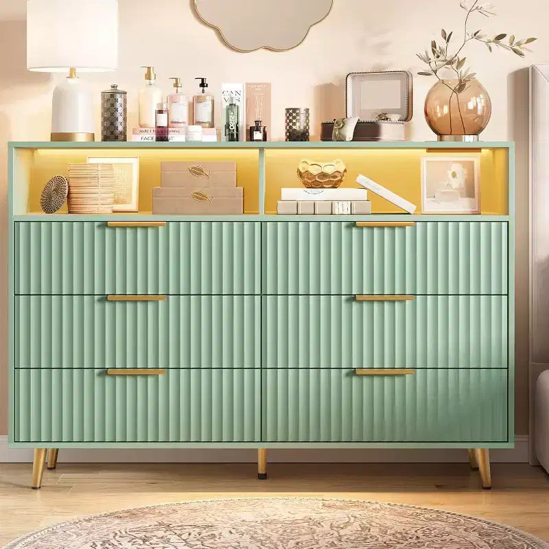 GustoWave Modern 47.2 Wide 6 Drawers Dresser for Bedroom with LED Lights and Charging Station, Green