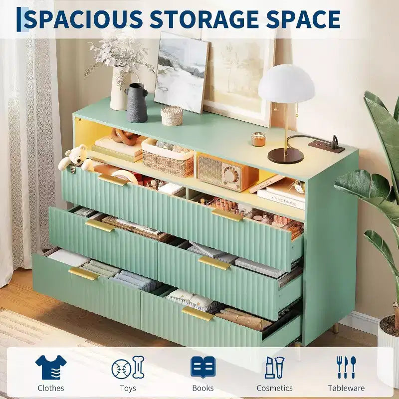 GustoWave Commode Moderne 6 Tiroirs de 120 cm de Large pour Chambre avec Lumières LED et Station de Charge, Verte