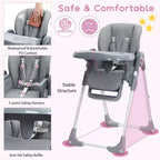 Chaise Haute Bébé Multifonctionnelle avec Hauteur et Inclinaison Réglables, Pliable pour Bébés et Tout-Petits
